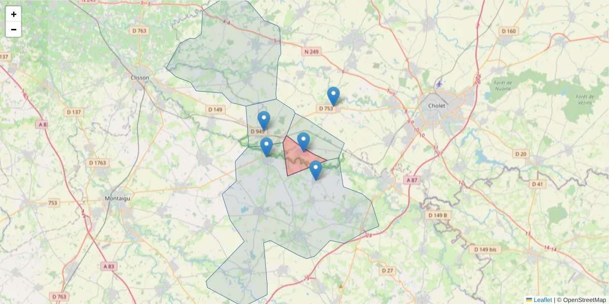 Carte de la zone du code postal  et des codes postaux voisins en France