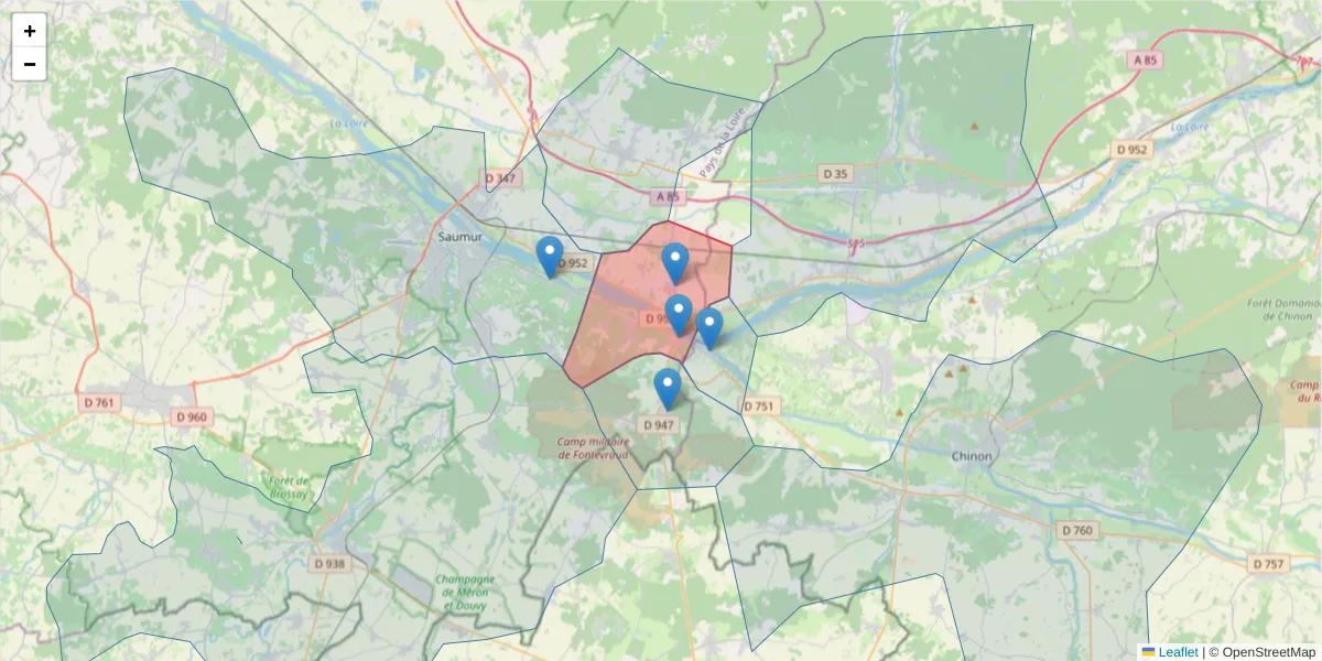 Carte de la zone du code postal  et des codes postaux voisins en France