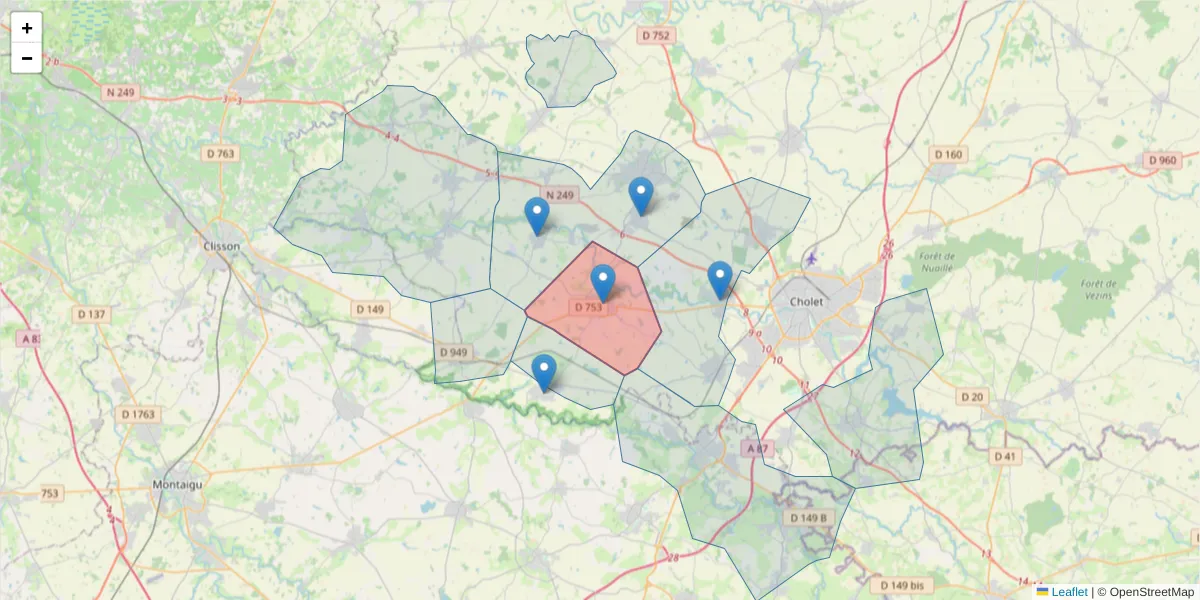 Carte de la zone du code postal  et des codes postaux voisins en France