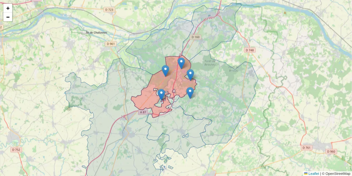 Carte de la zone du code postal  et des codes postaux voisins en France
