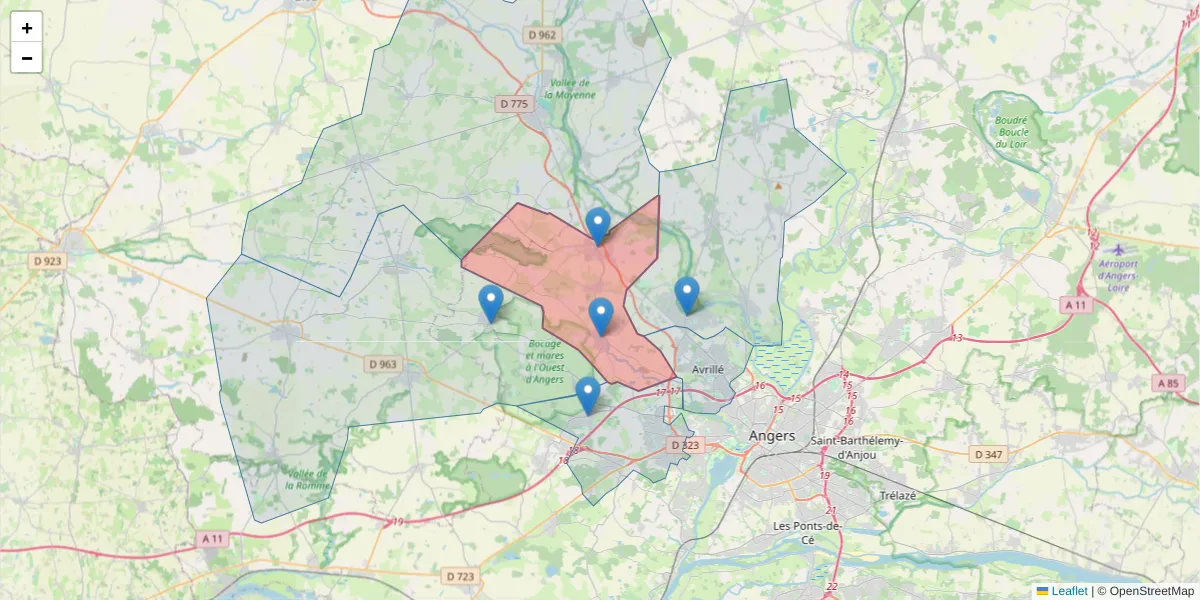 Carte de la zone du code postal  et des codes postaux voisins en France