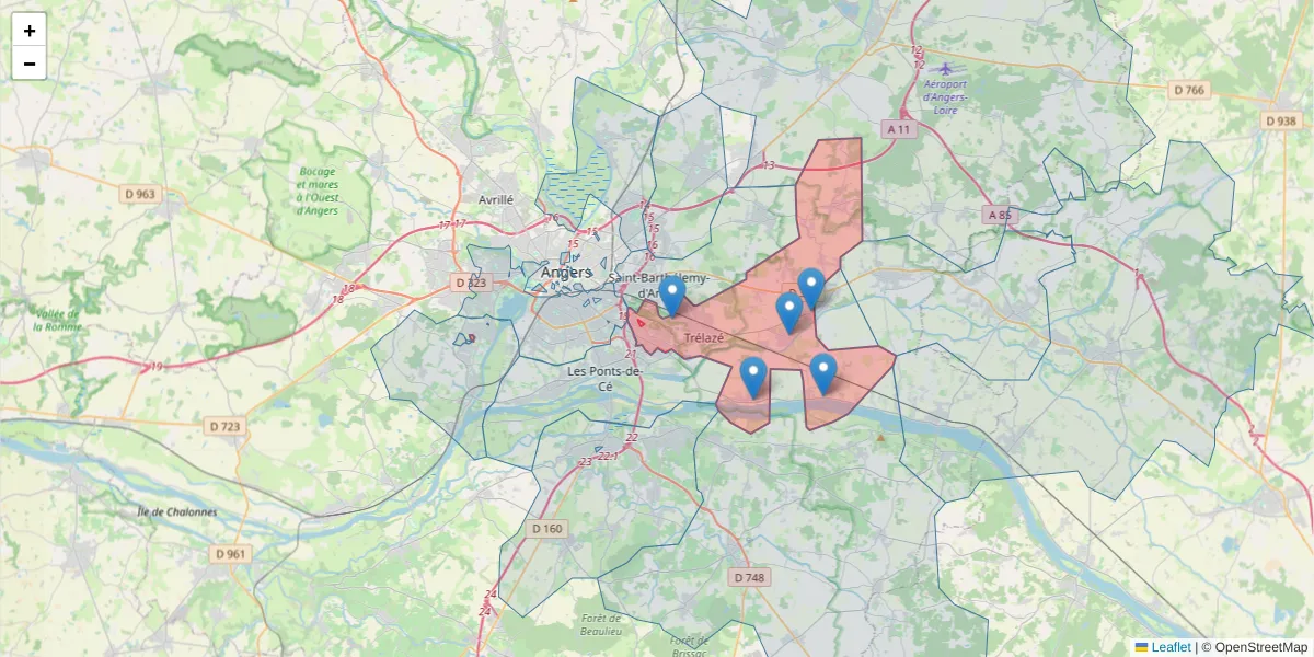 Carte de la zone du code postal  et des codes postaux voisins en France