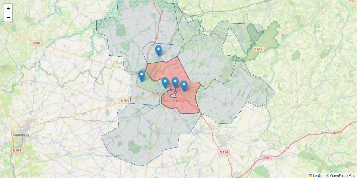 Carte de la zone du code postal  et des codes postaux voisins en France