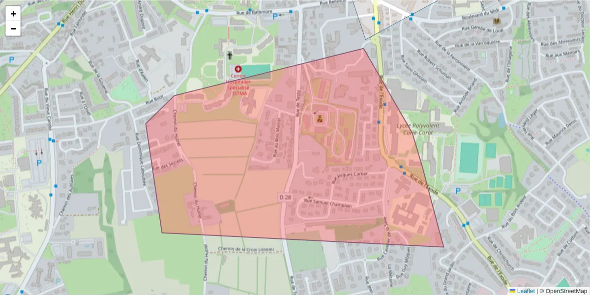 Carte de la zone du code postal  et des codes postaux voisins en France