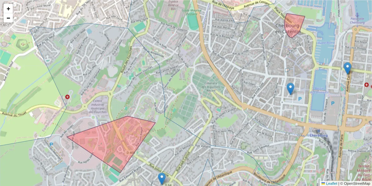Carte de la zone du code postal  et des codes postaux voisins en France