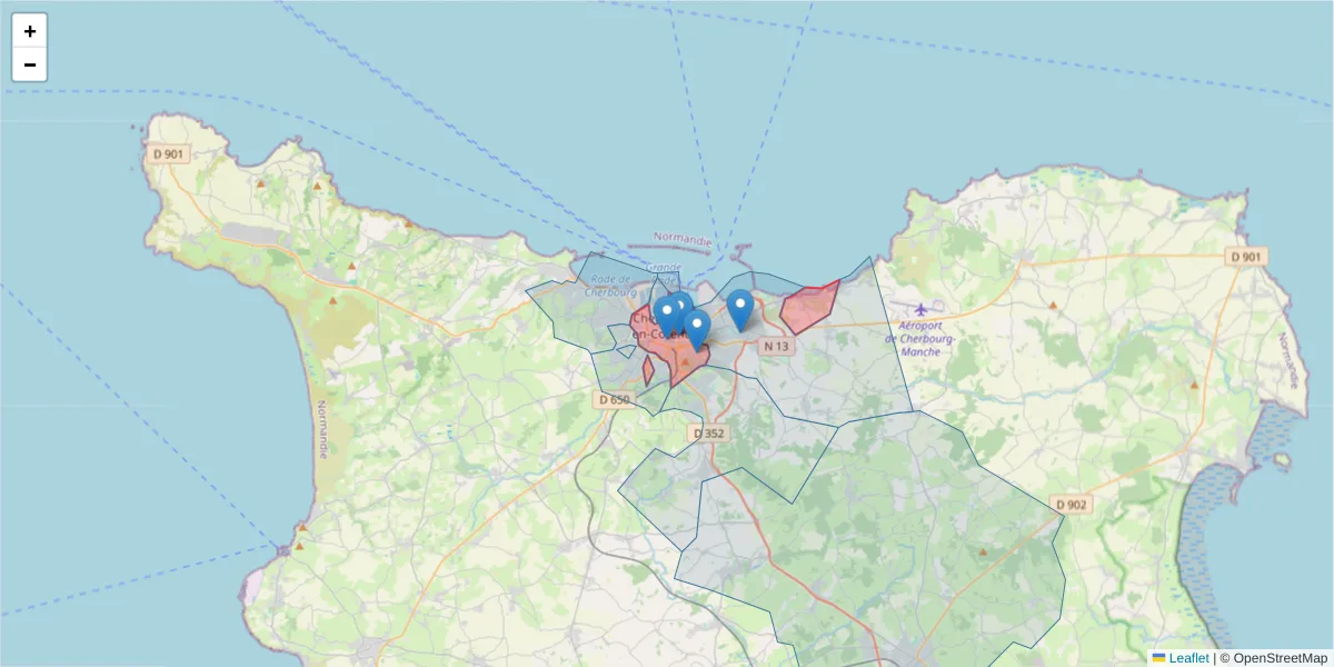 Carte de la zone du code postal  et des codes postaux voisins en France