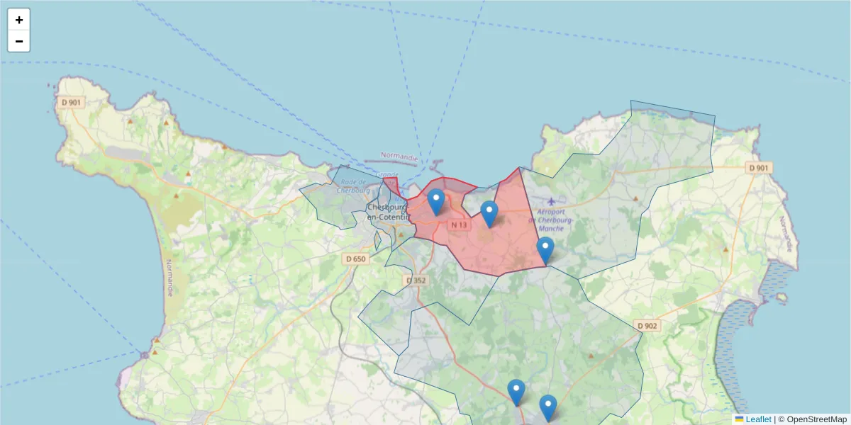 Carte de la zone du code postal  et des codes postaux voisins en France