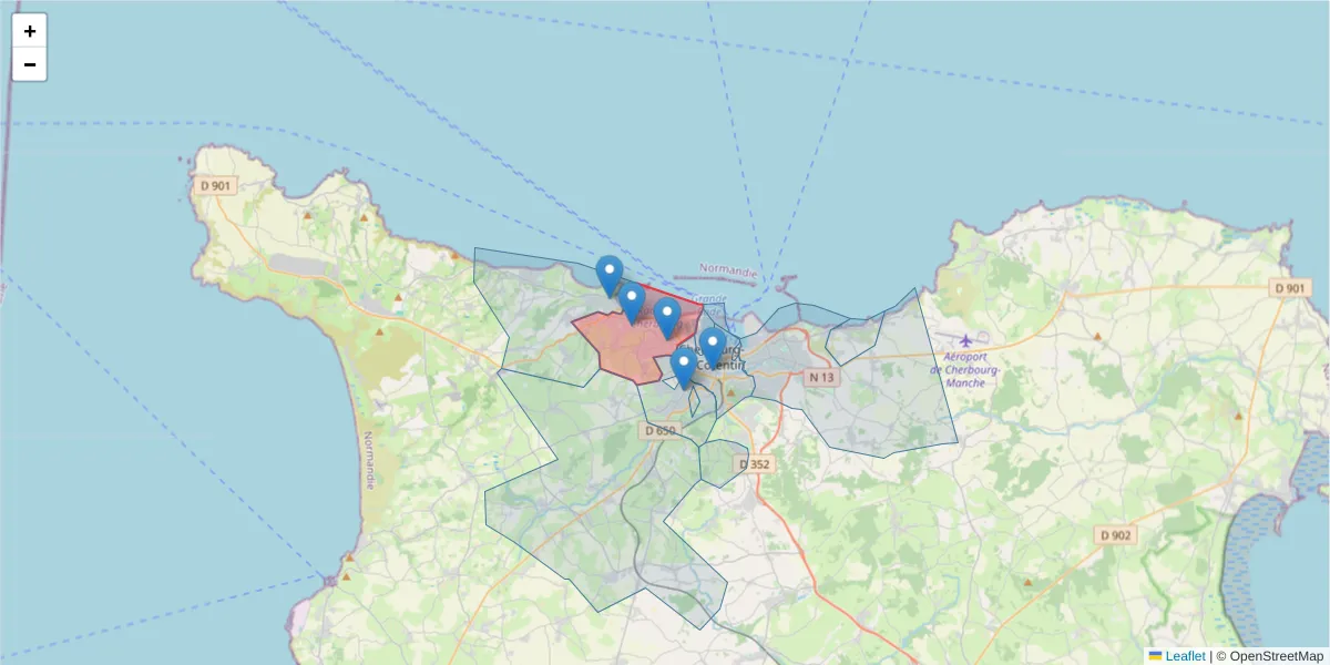 Carte de la zone du code postal  et des codes postaux voisins en France