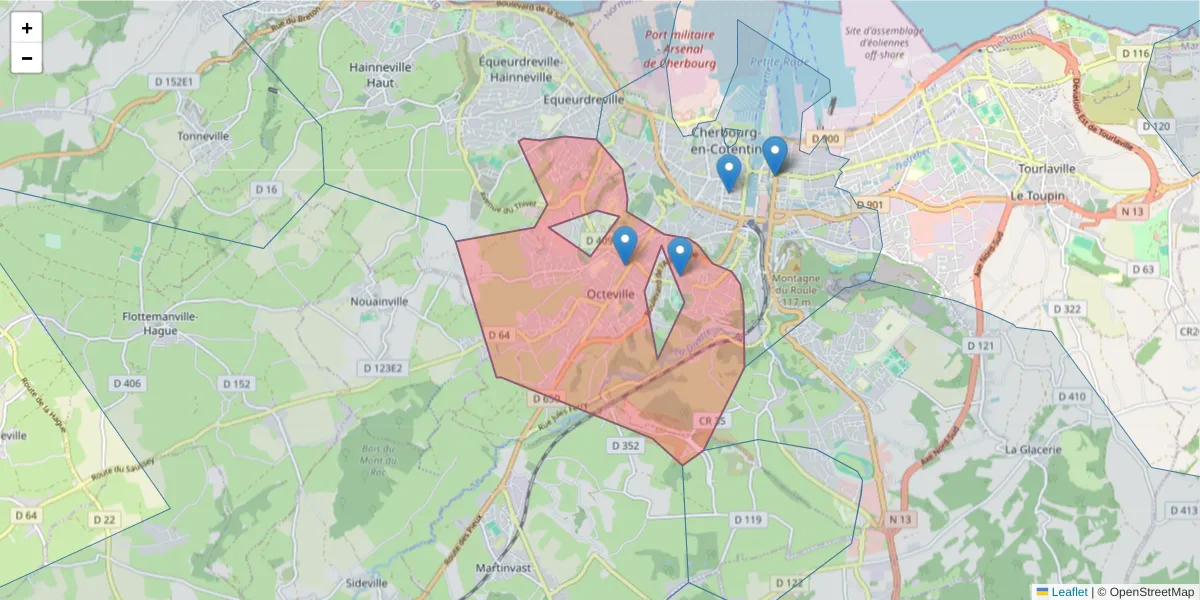 Carte de la zone du code postal  et des codes postaux voisins en France