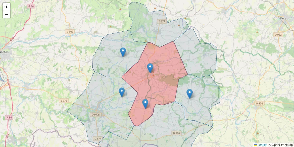 Carte de la zone du code postal  et des codes postaux voisins en France