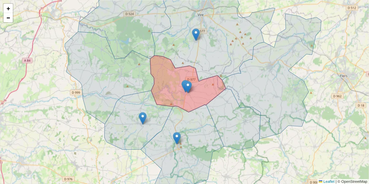 Carte de la zone du code postal  et des codes postaux voisins en France