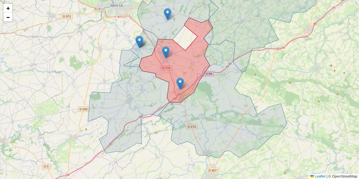 Carte de la zone du code postal  et des codes postaux voisins en France