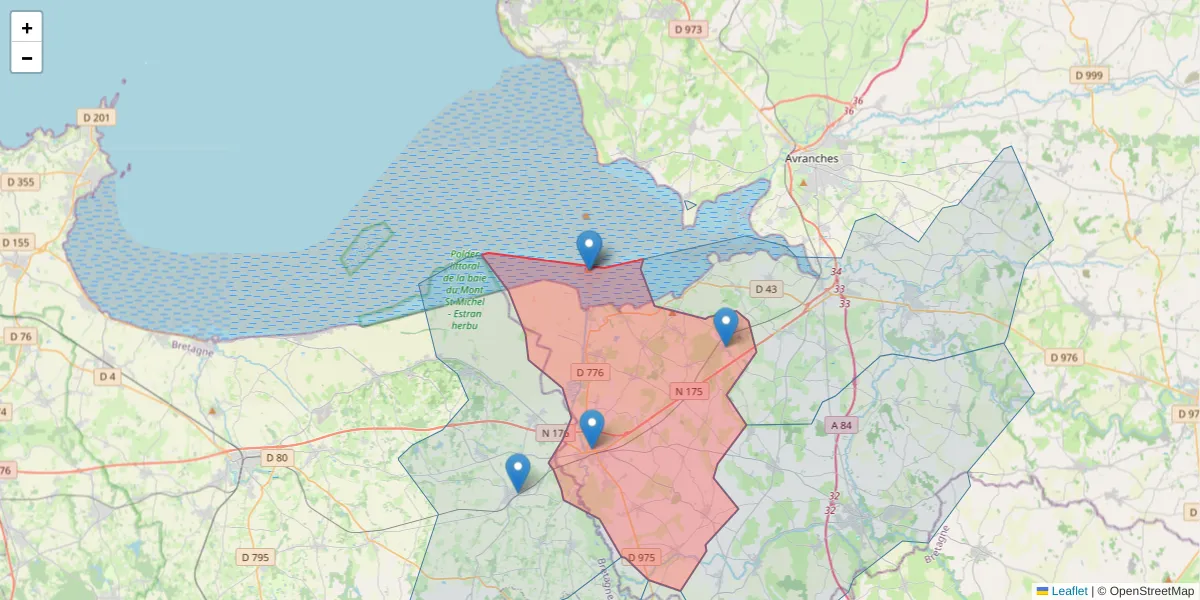 Carte de la zone du code postal  et des codes postaux voisins en France