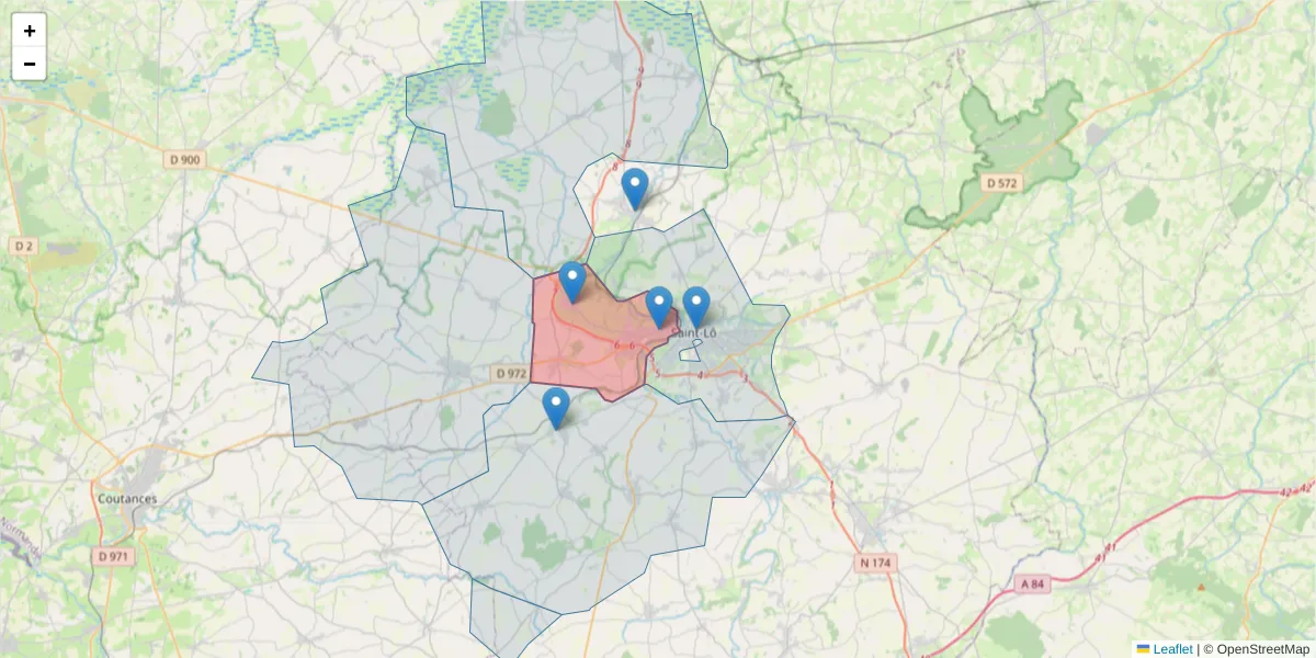 Carte de la zone du code postal  et des codes postaux voisins en France