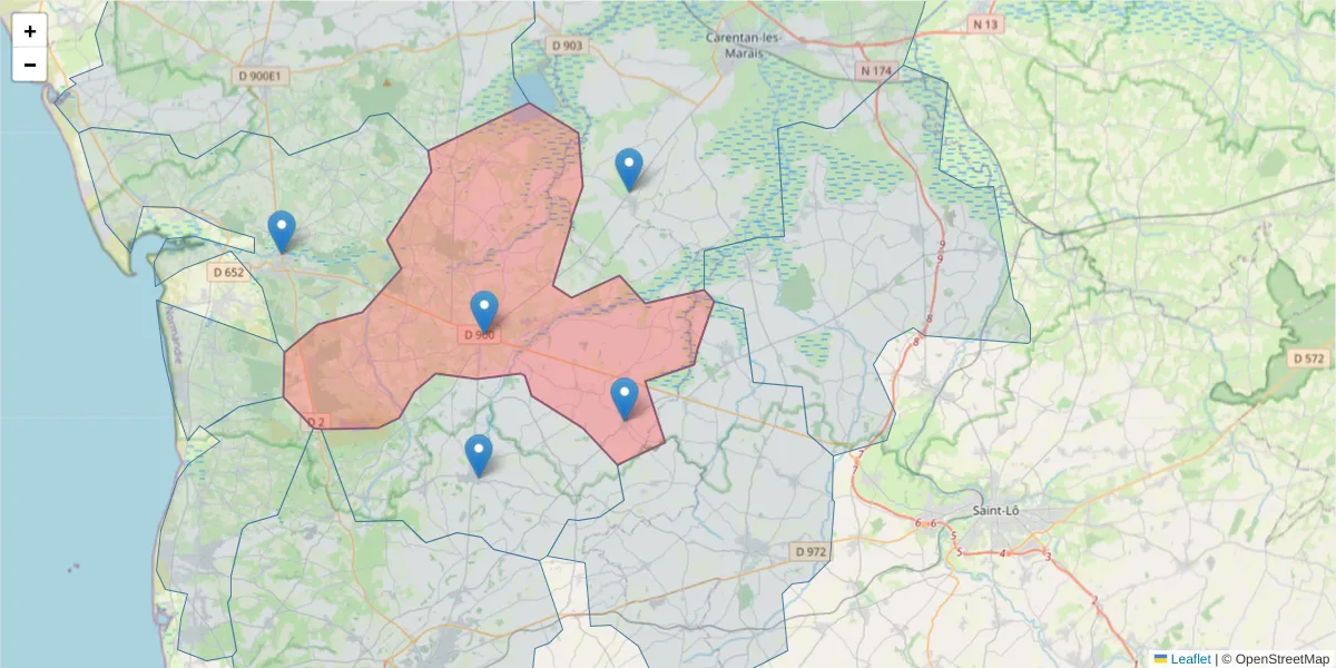 Carte de la zone du code postal  et des codes postaux voisins en France