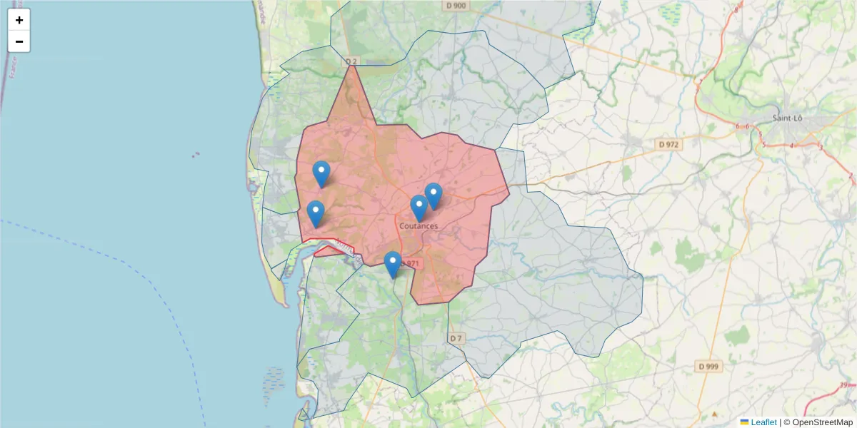 Carte de la zone du code postal  et des codes postaux voisins en France