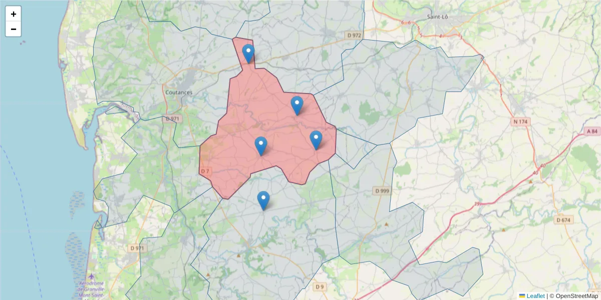 Carte de la zone du code postal  et des codes postaux voisins en France