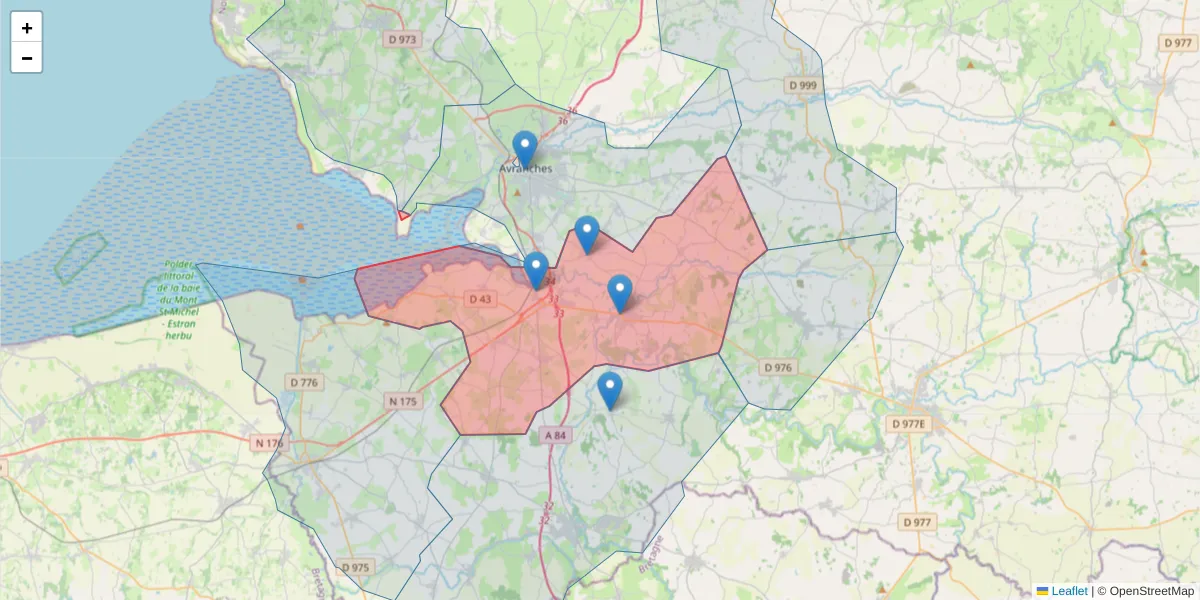 Carte de la zone du code postal  et des codes postaux voisins en France