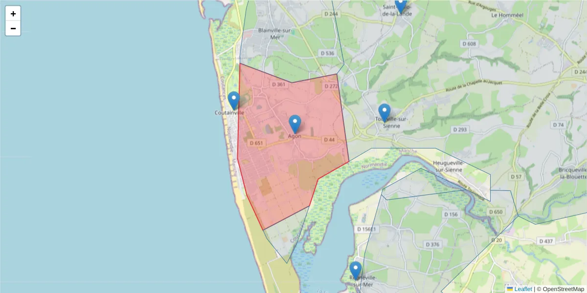 Carte de la zone du code postal  et des codes postaux voisins en France