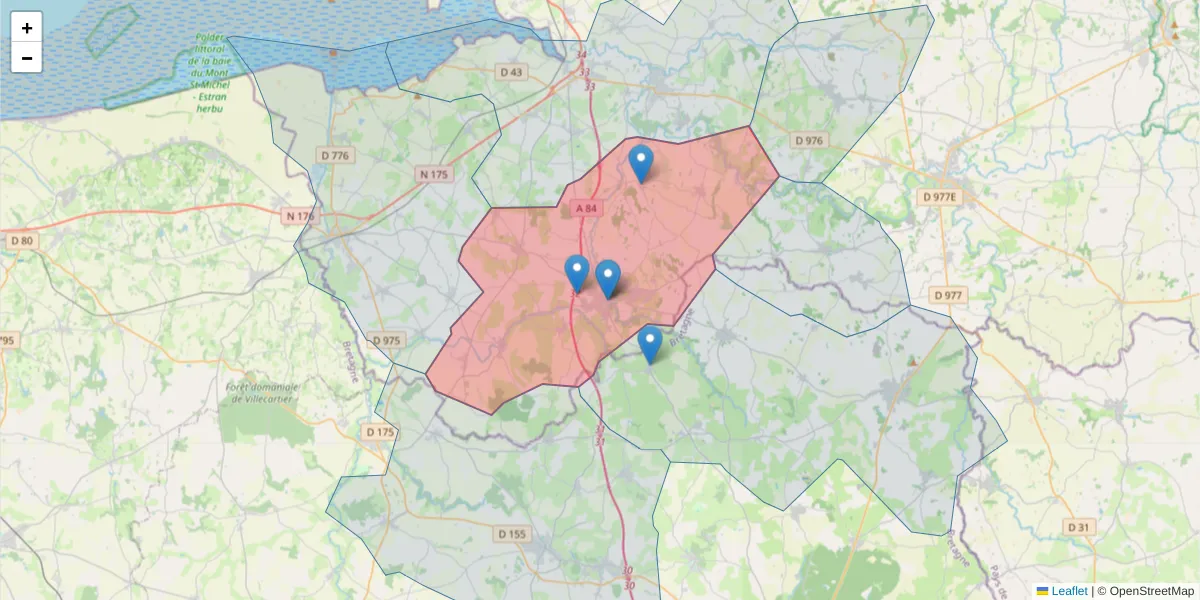 Carte de la zone du code postal  et des codes postaux voisins en France