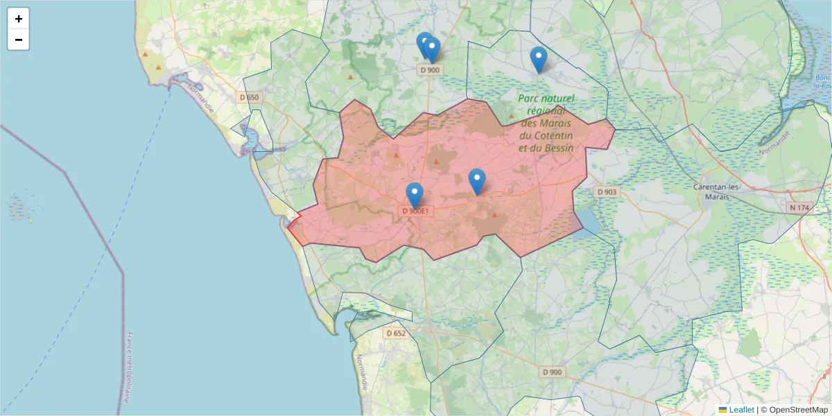 Carte de la zone du code postal  et des codes postaux voisins en France