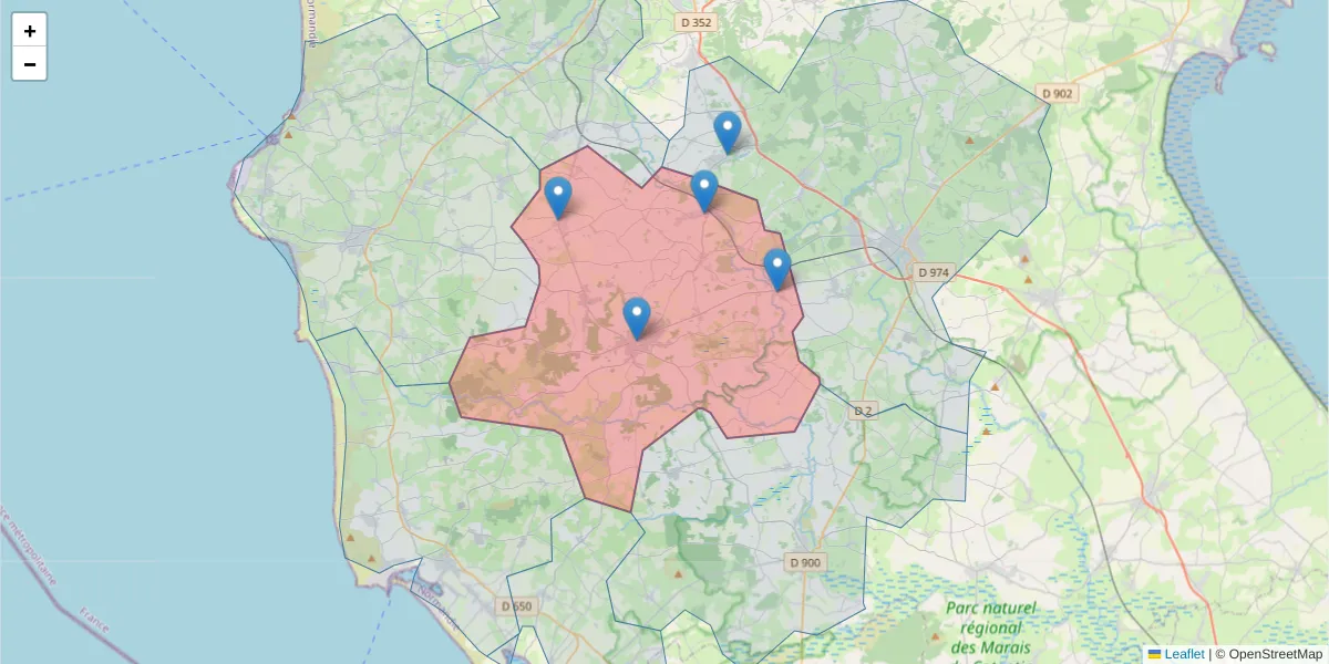 Carte de la zone du code postal  et des codes postaux voisins en France