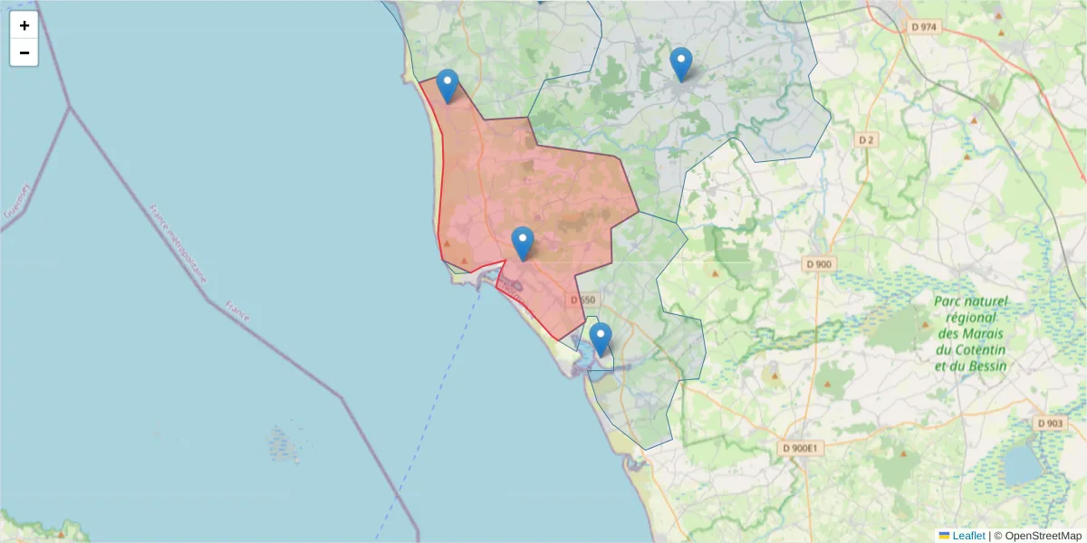 Carte de la zone du code postal  et des codes postaux voisins en France