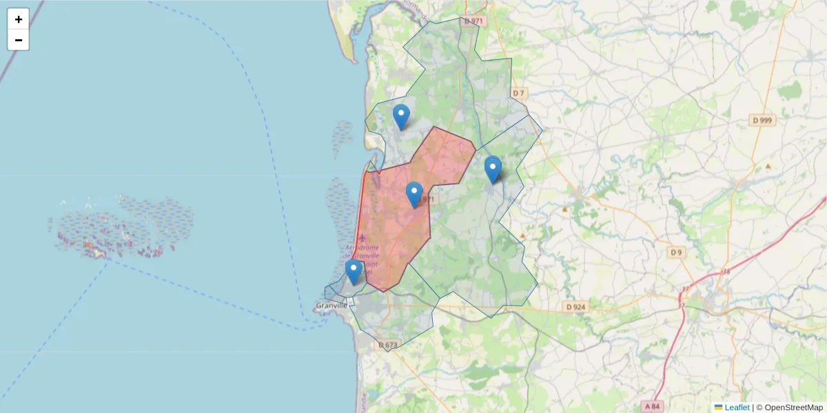 Carte de la zone du code postal  et des codes postaux voisins en France