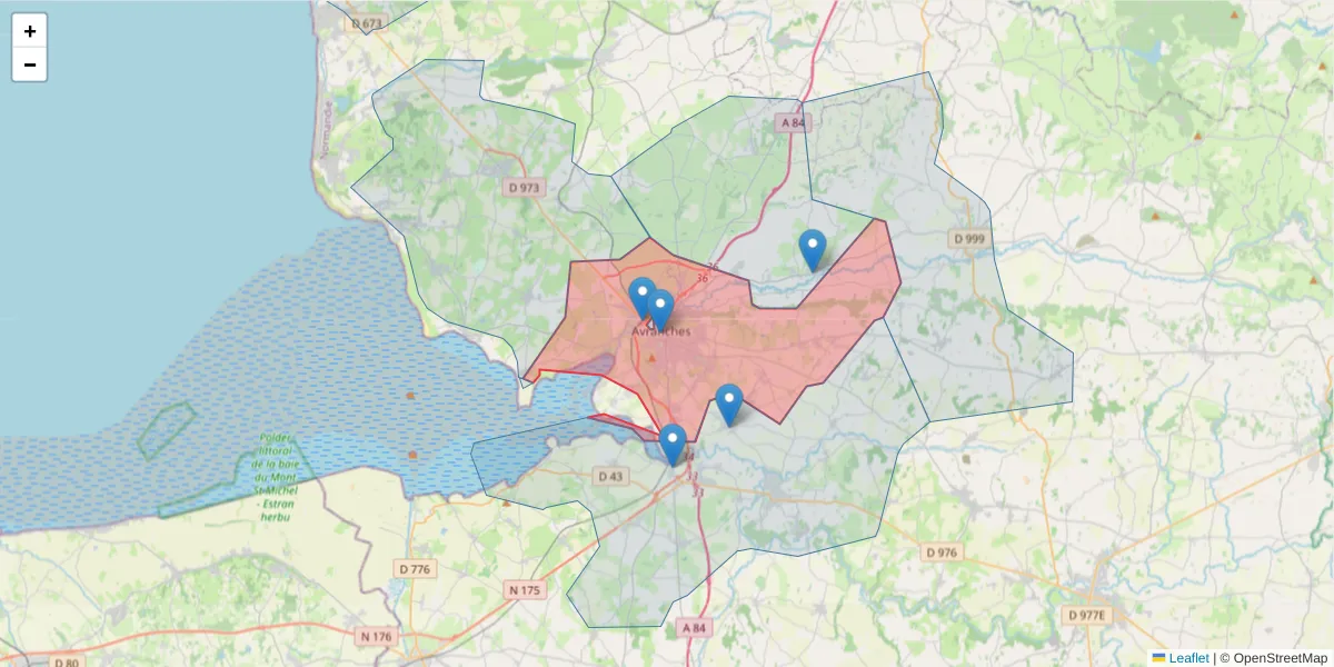 Carte de la zone du code postal  et des codes postaux voisins en France