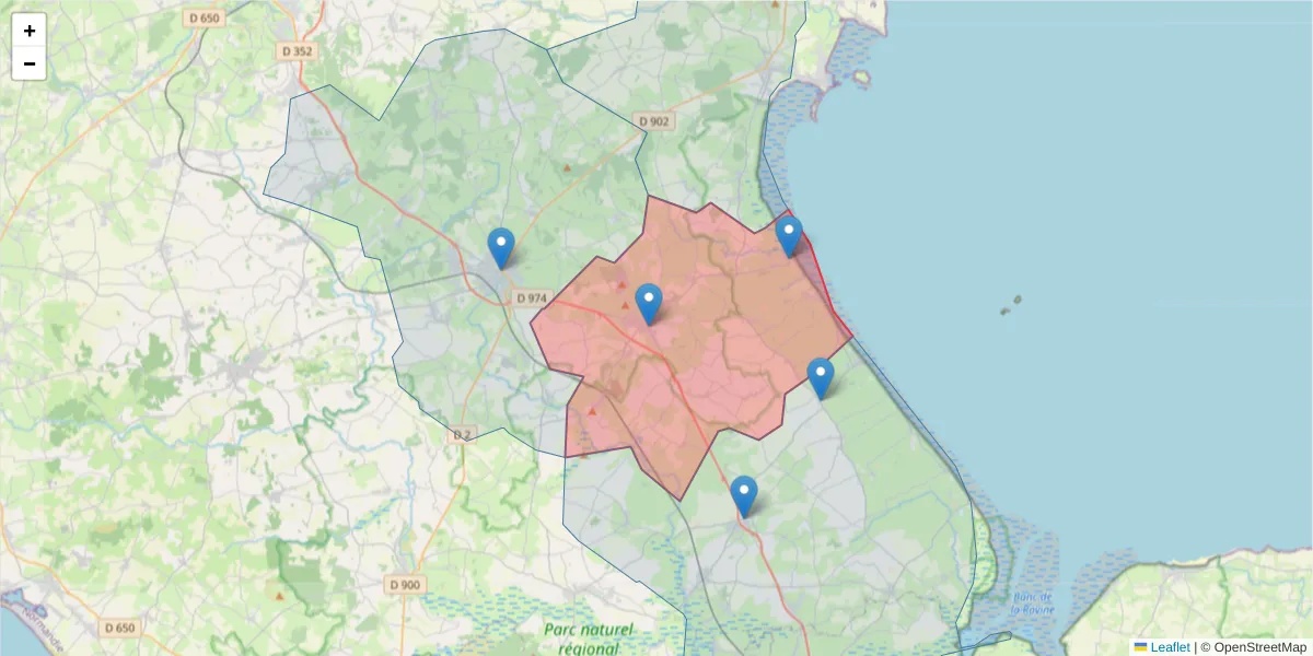 Carte de la zone du code postal  et des codes postaux voisins en France