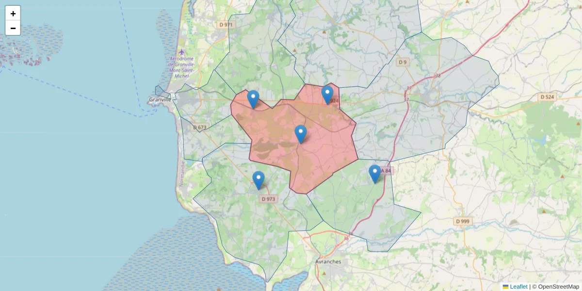 Carte de la zone du code postal  et des codes postaux voisins en France
