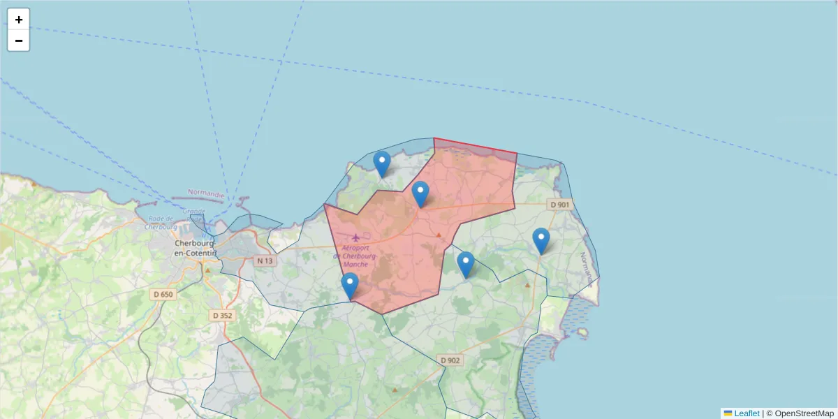 Carte de la zone du code postal  et des codes postaux voisins en France