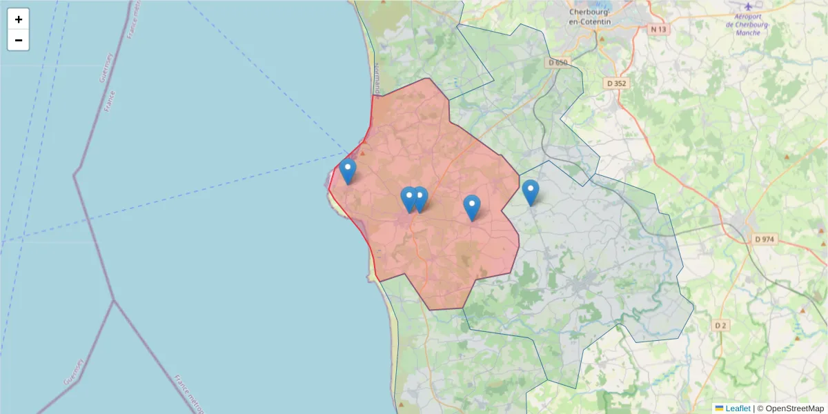 Carte de la zone du code postal  et des codes postaux voisins en France