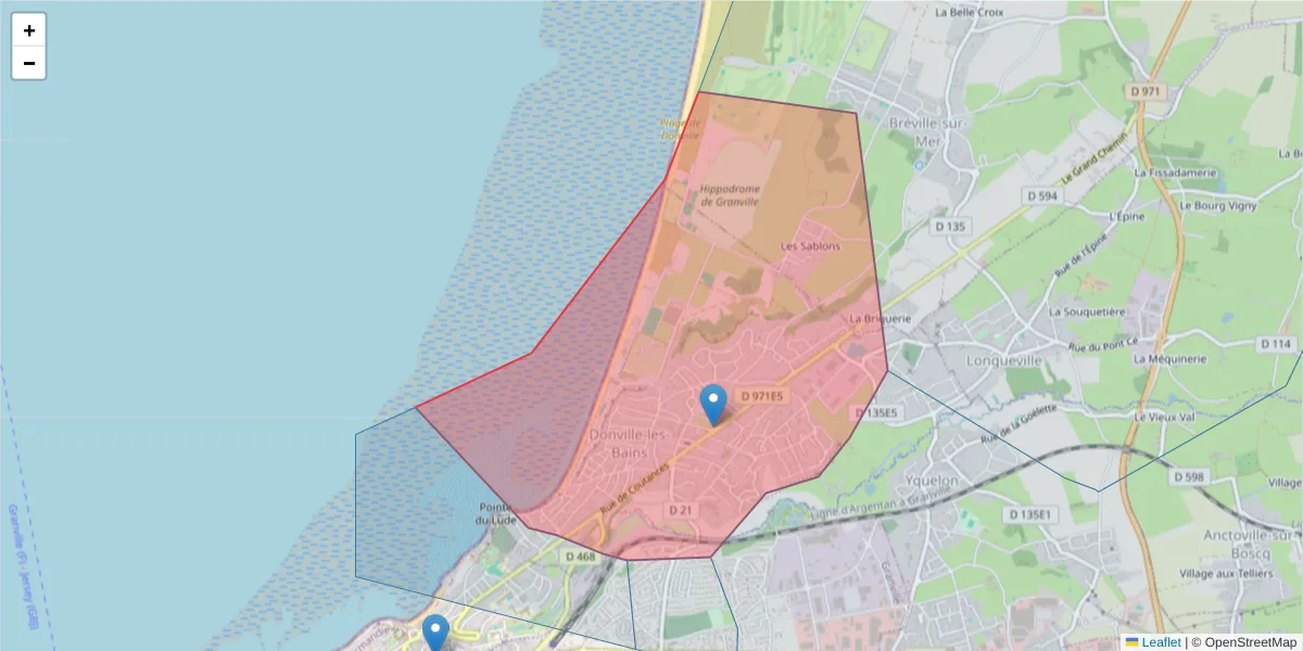 Carte de la zone du code postal  et des codes postaux voisins en France