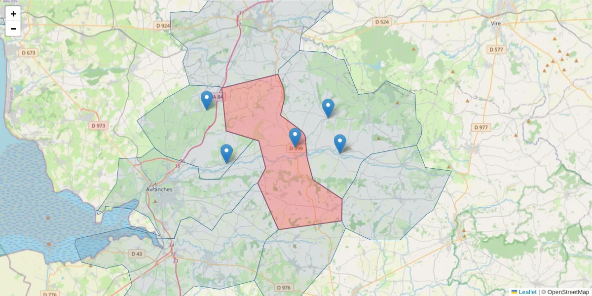 Carte de la zone du code postal  et des codes postaux voisins en France