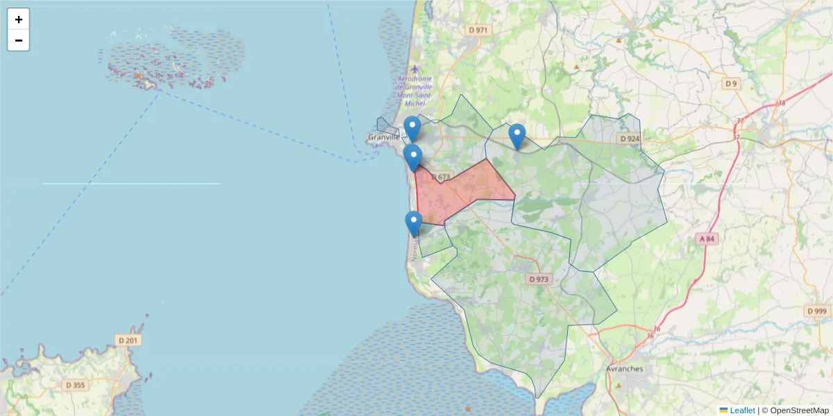 Carte de la zone du code postal  et des codes postaux voisins en France
