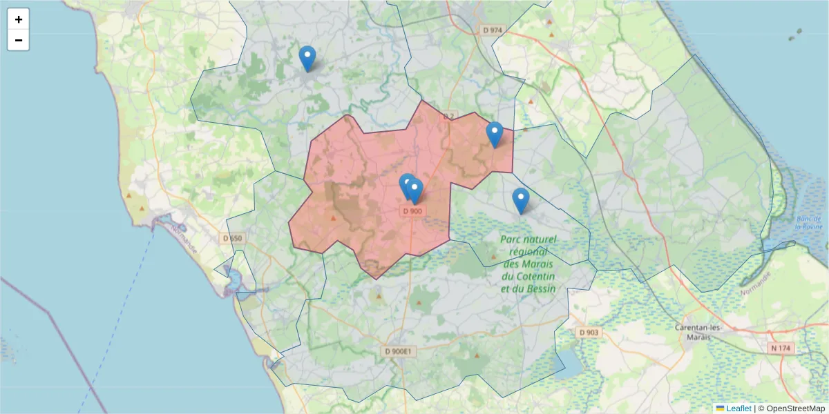 Carte de la zone du code postal  et des codes postaux voisins en France