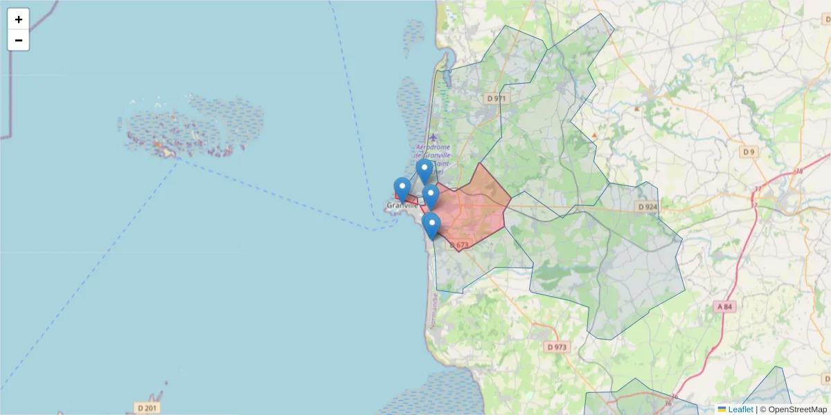 Carte de la zone du code postal  et des codes postaux voisins en France