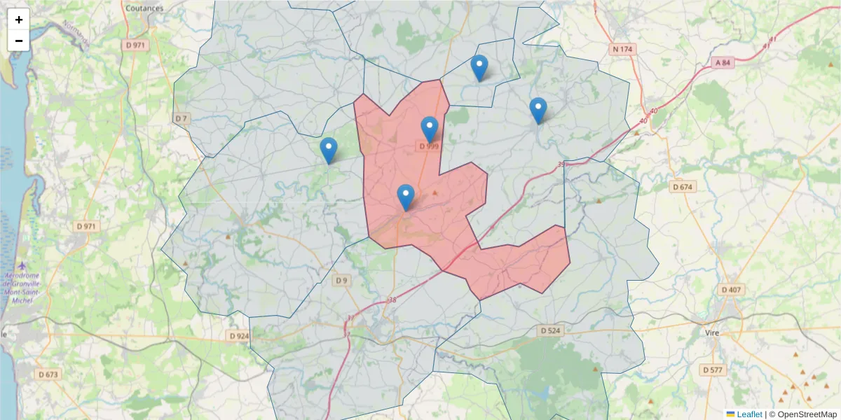 Carte de la zone du code postal  et des codes postaux voisins en France