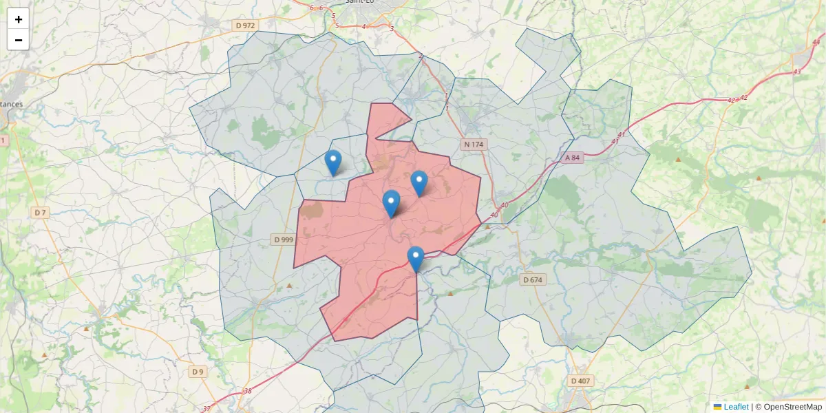 Carte de la zone du code postal  et des codes postaux voisins en France