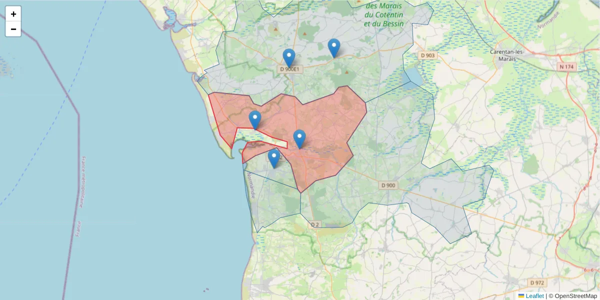 Carte de la zone du code postal  et des codes postaux voisins en France