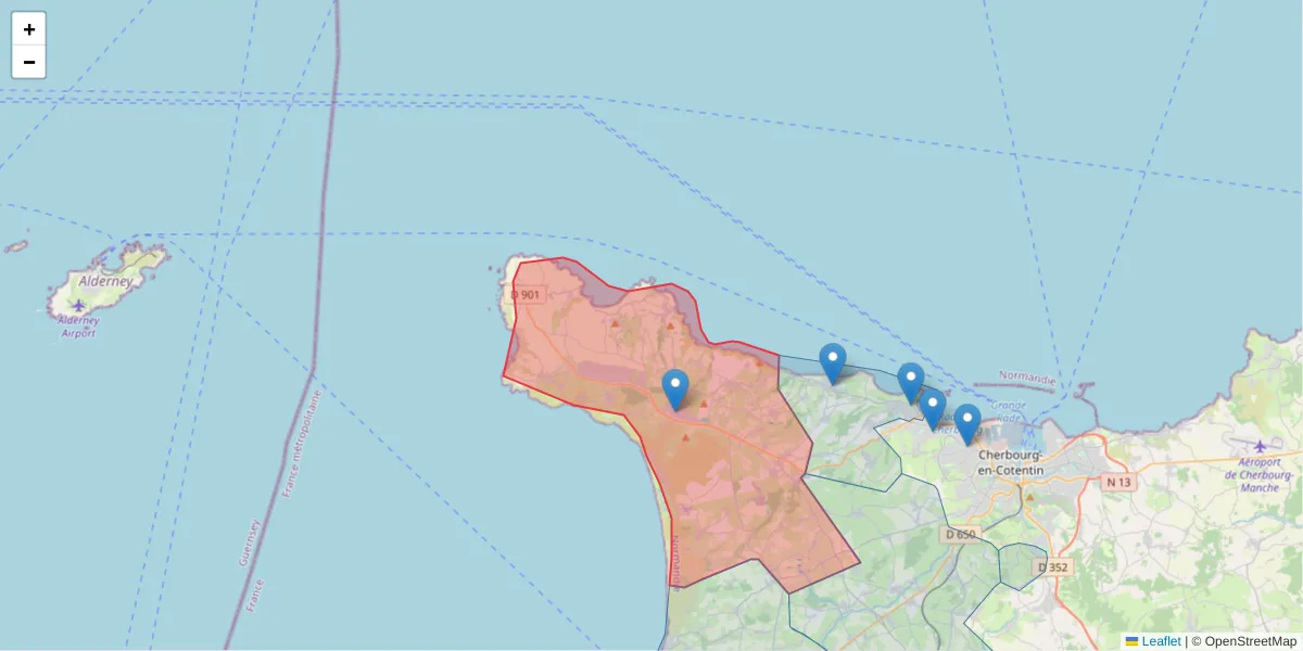 Carte de la zone du code postal  et des codes postaux voisins en France
