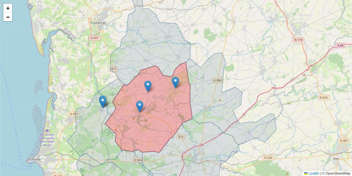 Carte de la zone du code postal  et des codes postaux voisins en France