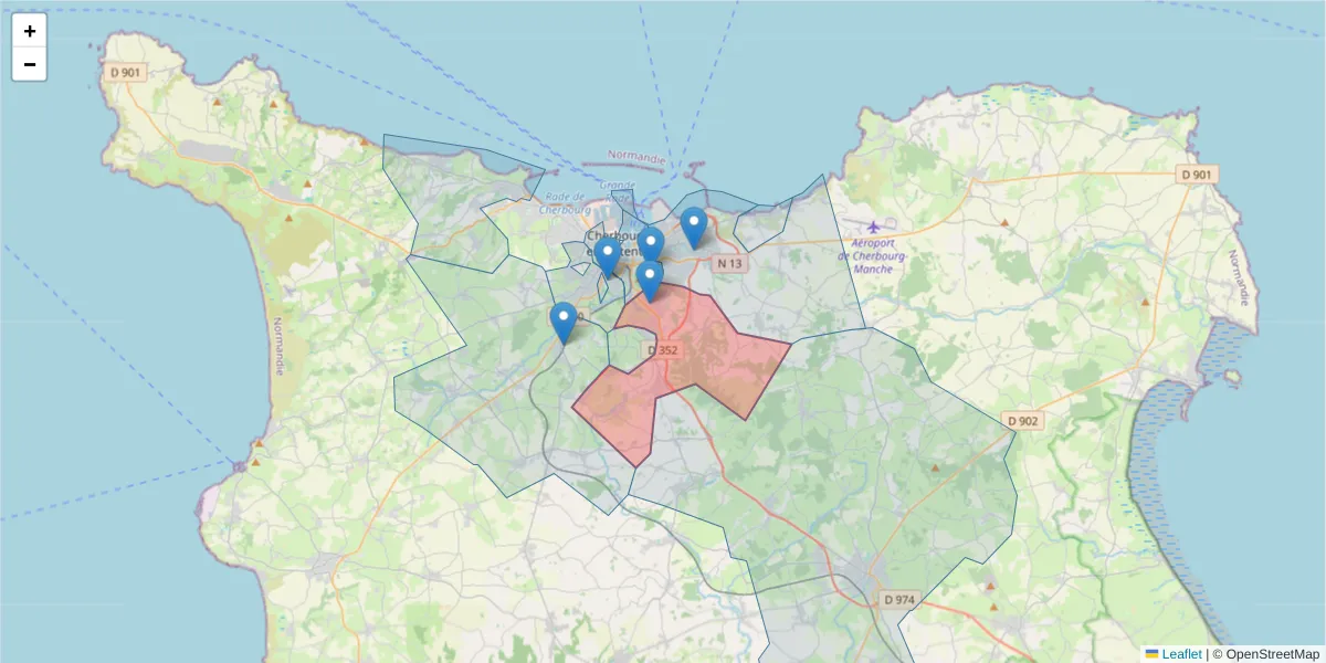 Carte de la zone du code postal  et des codes postaux voisins en France