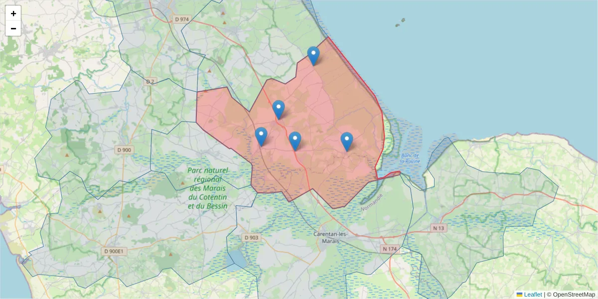 Carte de la zone du code postal  et des codes postaux voisins en France