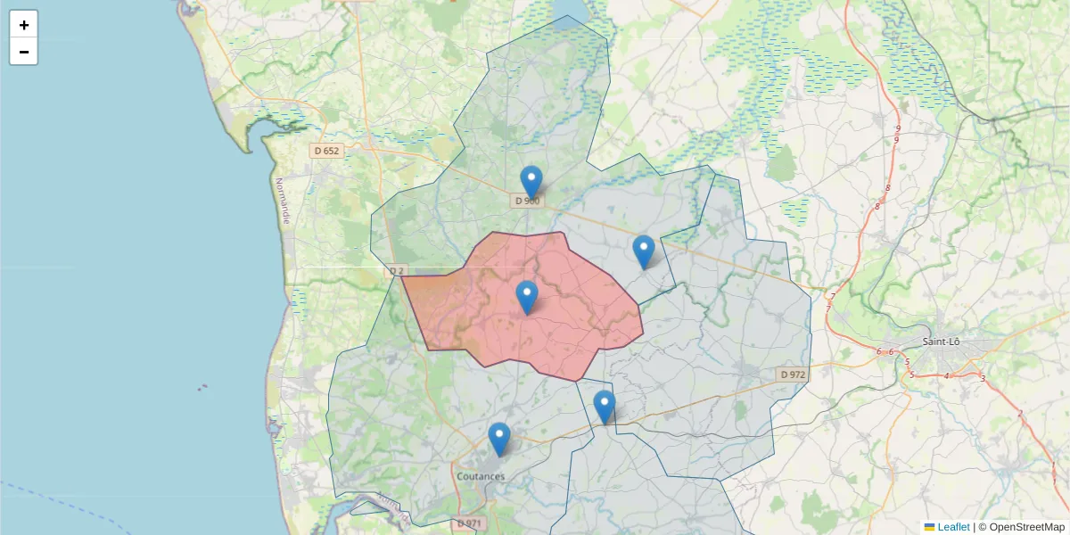 Carte de la zone du code postal  et des codes postaux voisins en France