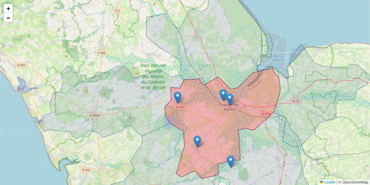 Carte de la zone du code postal  et des codes postaux voisins en France
