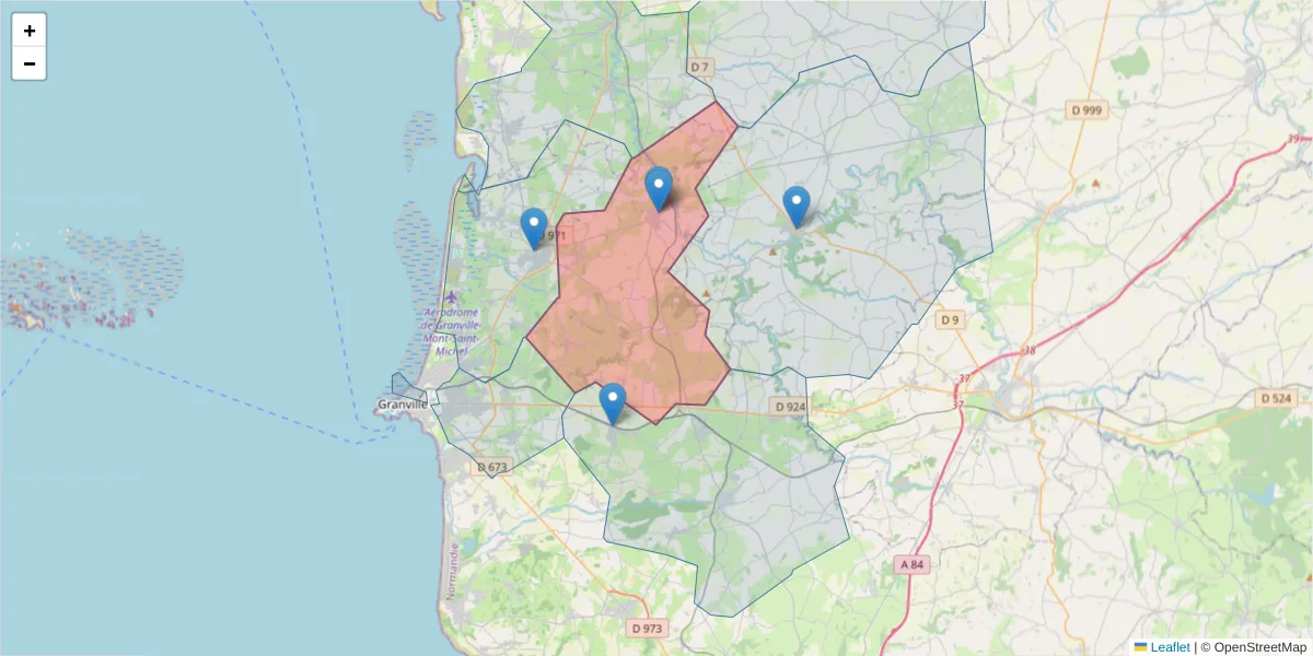 Carte de la zone du code postal  et des codes postaux voisins en France