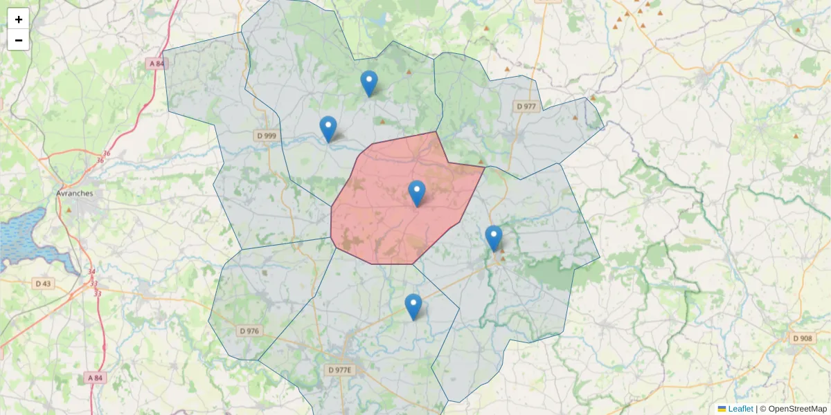 Carte de la zone du code postal  et des codes postaux voisins en France