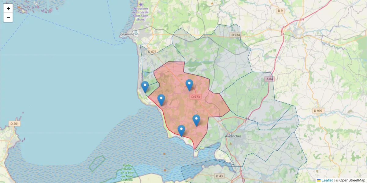 Carte de la zone du code postal  et des codes postaux voisins en France
